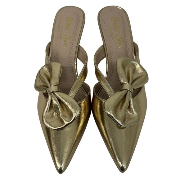 CHASE + CHLOE / Idra-3 / Gold / Pointed-Toe / Kitten Heel / Mules With Bow Accen - Picture 4 of 10
